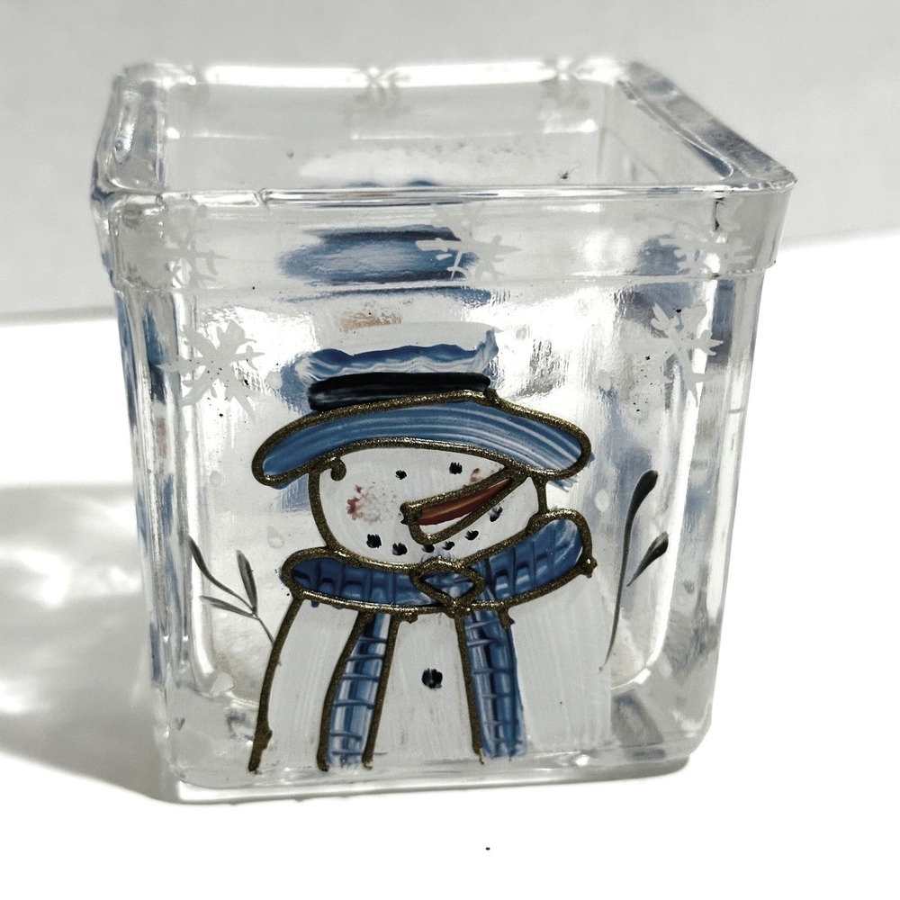 Hand Painted Snowman‎ Votive Holder Small Clear Blue Christmas Holiday
